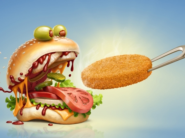 Смешной гамбургер кормят котлетой