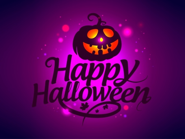 Тыква на сиреневом фоне с надписью Счастливого Хэллоуина