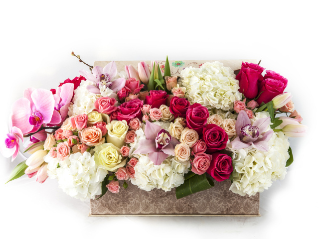 Корзина с цветами орхидеи, гортензии и розы и тюльпана на белом фоне