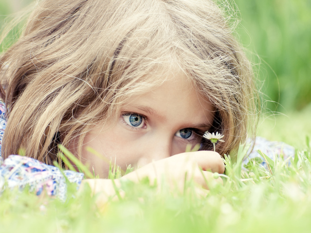 Маленькая голубоглазая девочка на траве с ромашкой