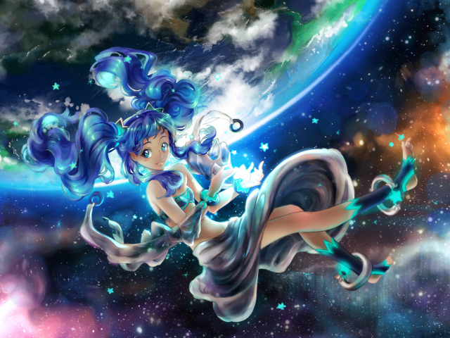 Anime girl with blue hair soars in the air