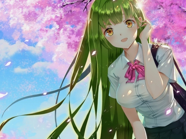 Девушка аниме с зелеными волосами и карими глазами