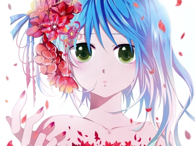Девушка с цветами в волосах аниме Вокалоид