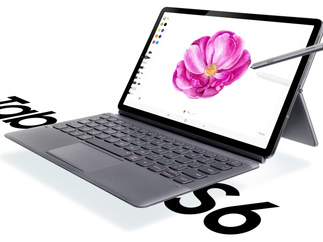 Samsung Galaxy Tab S6 tablet on a white background with a keyboard