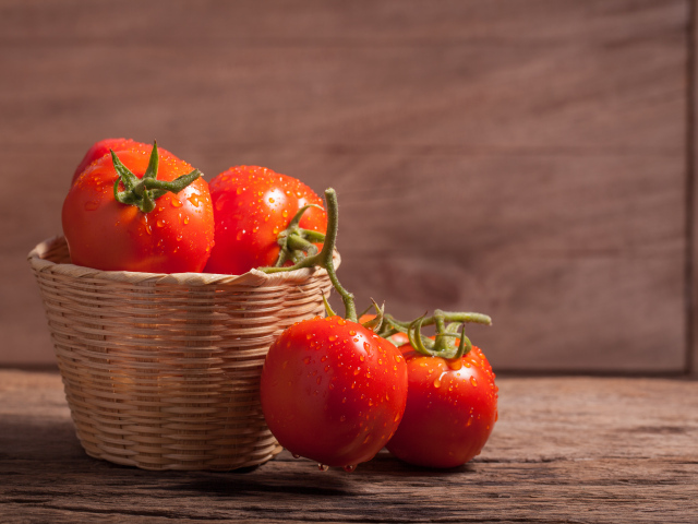 Beautiful red wet tomatoes in a basket on the table