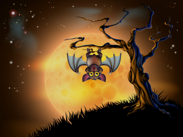 Funny bat on a tree on the background of the moon Desktop wallpapers 640x480