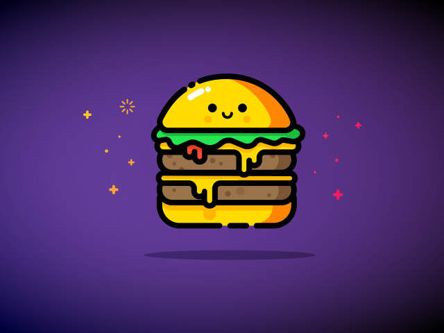 Нарисованный веселый гамбургер на фиолетовом фоне