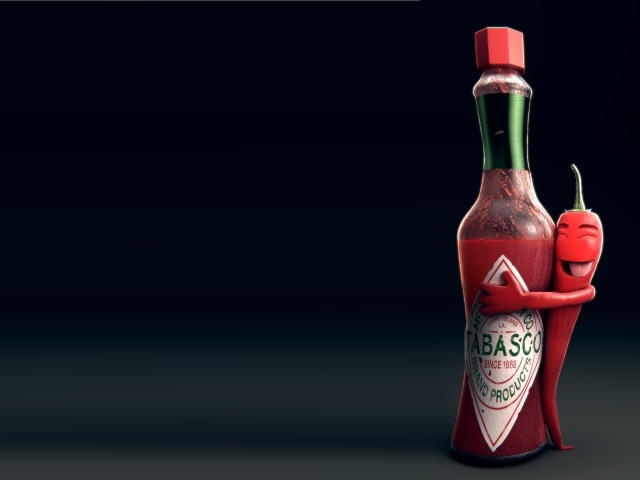 Red hot pepper hugs a bottle on gray background