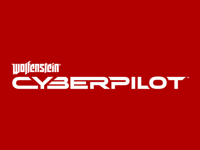 Логотип компьютерной игры Wolfenstein Cyberpilot, 2019 года на красном фоне