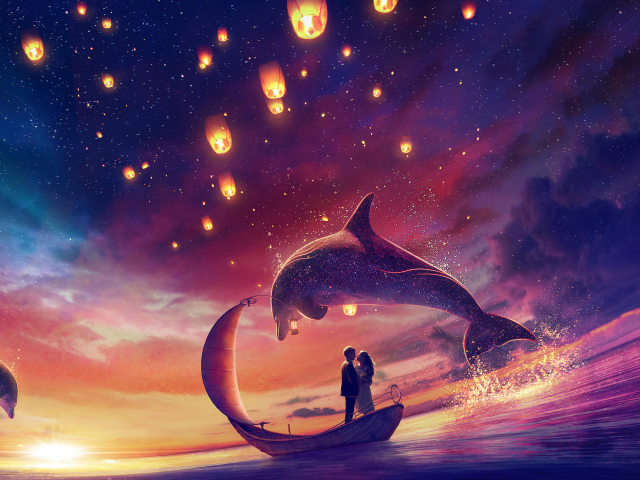 Влюбленная пара на лодке в воде с дельфинами