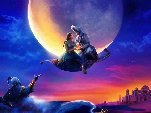 Aladdin and Jasmine on the carpet plane on the background of the moon