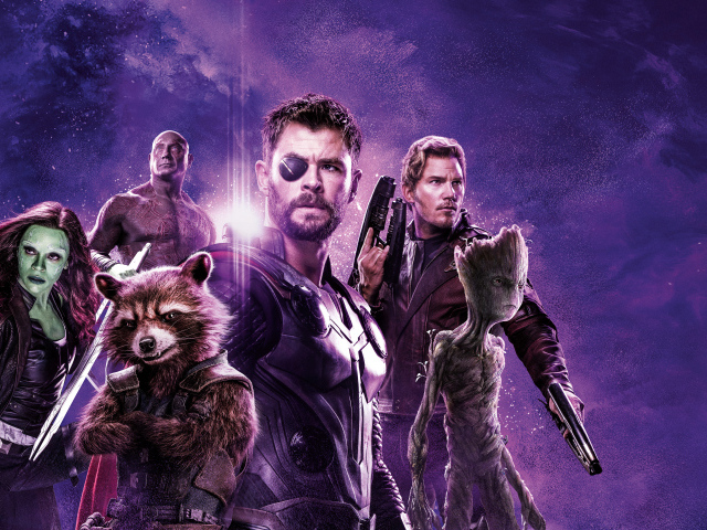 Главные герои фильма Мстители: Финал 2019 года на фиолетовом фоне