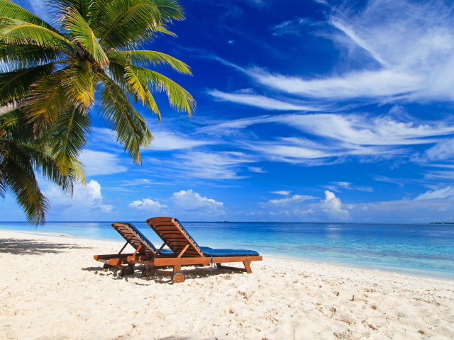 Шезлонги на тропическом пляже под голубым небом