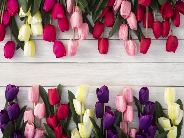 Искусственные разноцветные тюльпаны на деревянной поверхности