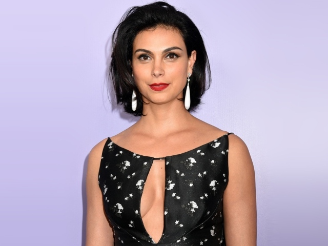 Красивая яркая девушка, актриса Морена Баккарин на сером фоне