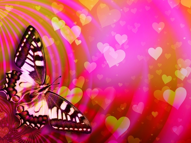 Большая бабочка махаон сидит на розовом фоне с сердечками