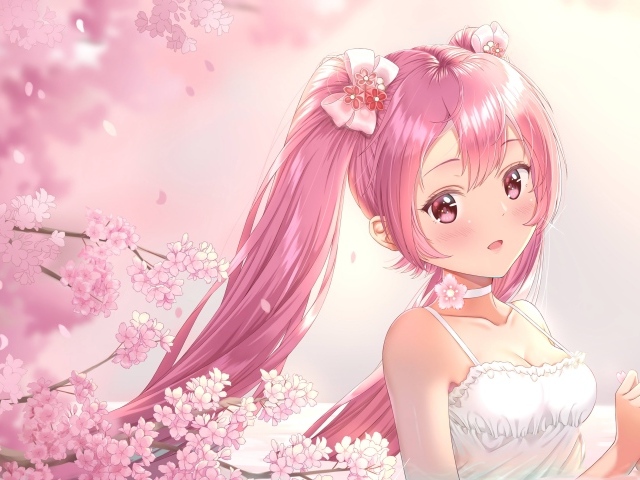 Девушка аниме с розовыми волосами в белом платье 
