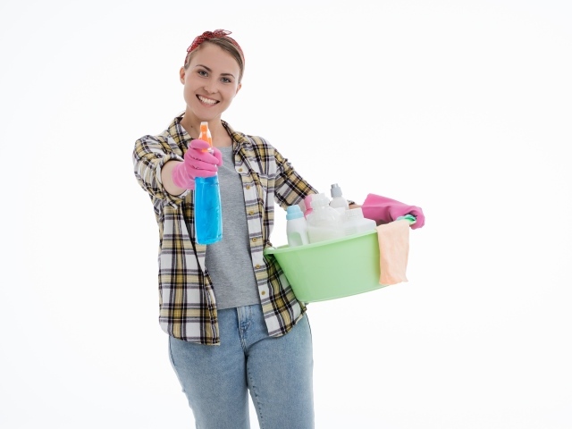 Girl housewife doing the cleaning on a white background