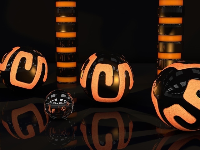 Orange-black 3d balls are reflected in the surface