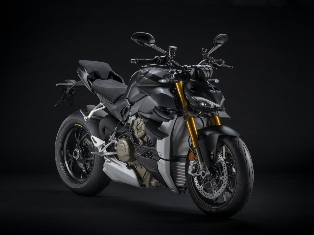 2021 Ducati V4 Streetfighter Black Motorcycle Against Gray Background