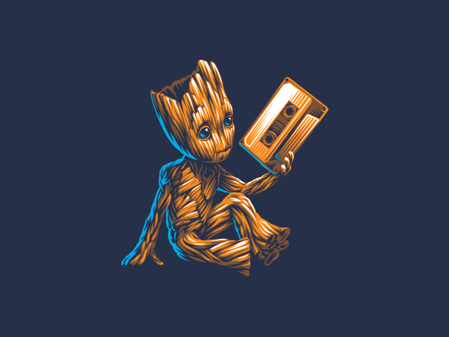 Little Groot with a cassette in his hand