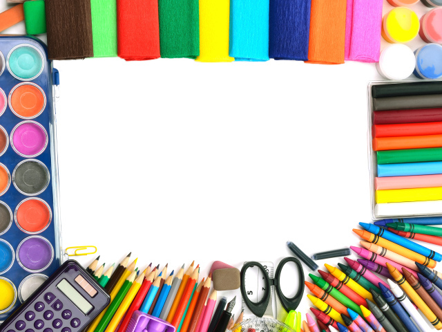 Цветная бумага, краски, фломастеры и карандаши на белом фоне - обои для .