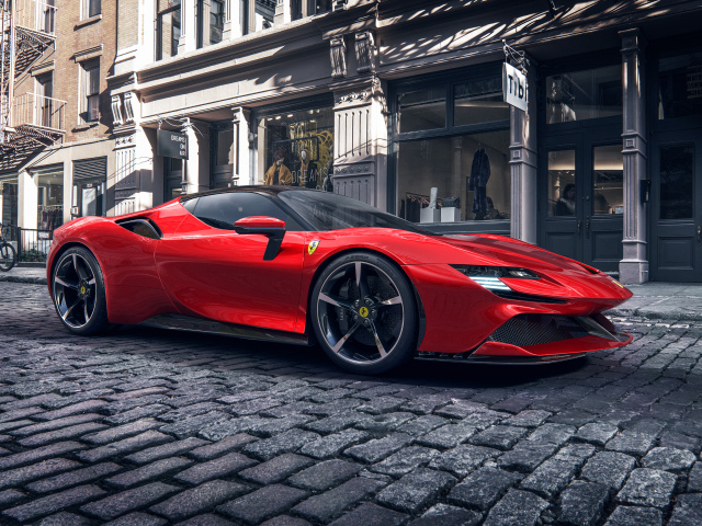 Красный автомобиль Ferrari SF90 Stradale в городе