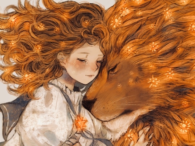 Нарисованная рыжеволосая девушка и лев