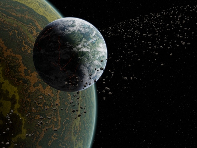 Две планеты солнечной системы с астероидами в космосе