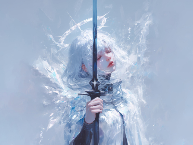 Девушка аниме ангел с оружием на сером фоне