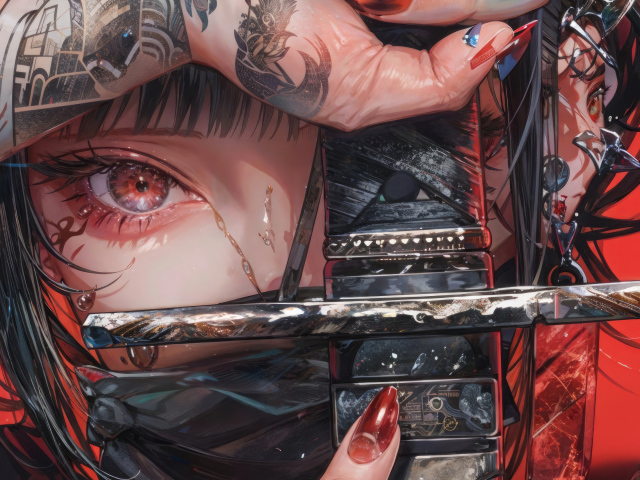 Аниме девушка с красными глазами держит меч