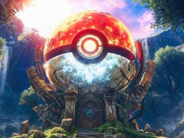 Покемон болл на доме в лесу у водопада