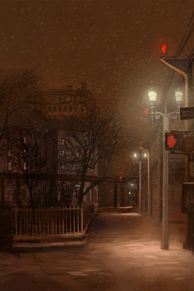 Мелкий снег на ночной улице