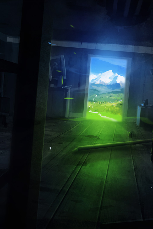 Темная комната с видом на горы