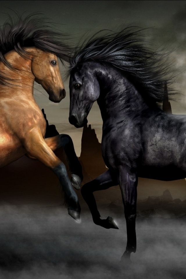 Две лошади черная и коричневая