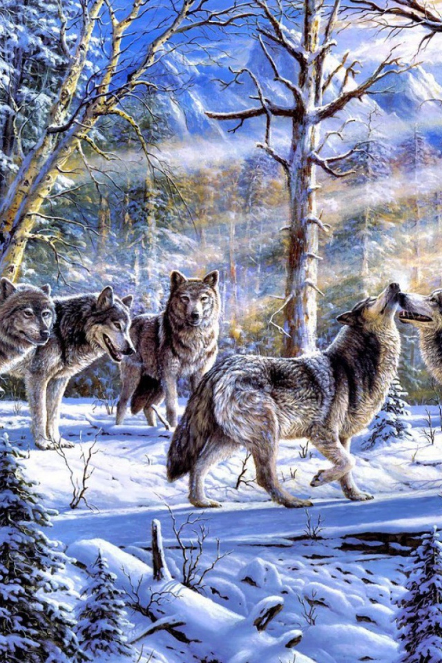 Стая волков на снегу