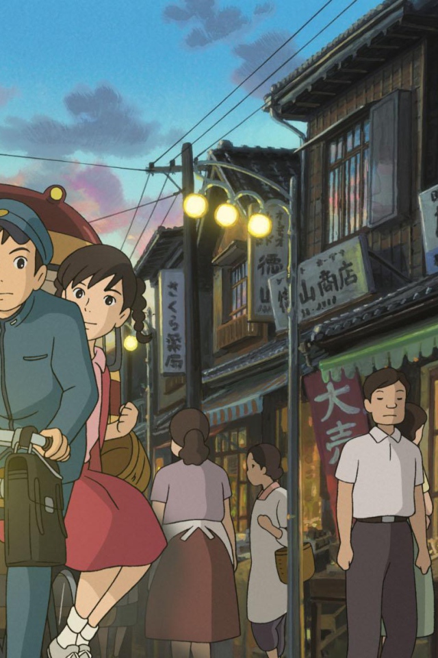 Аниме мультфильм Миядзаки Со склонов Кокурико, парень и девушка на велосипеде