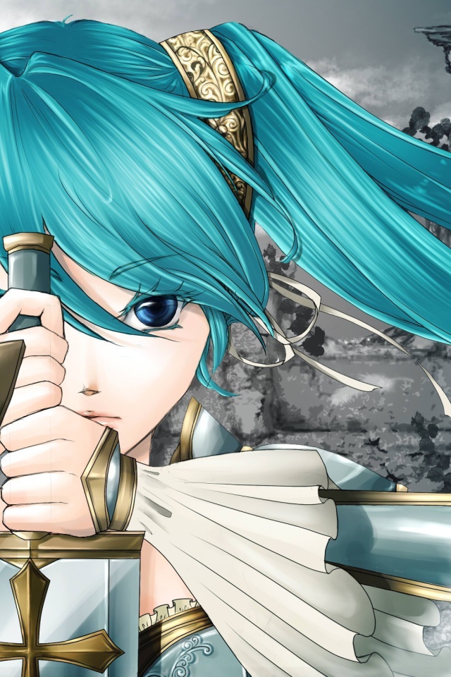 Девушка с голубыми волосами и мечом