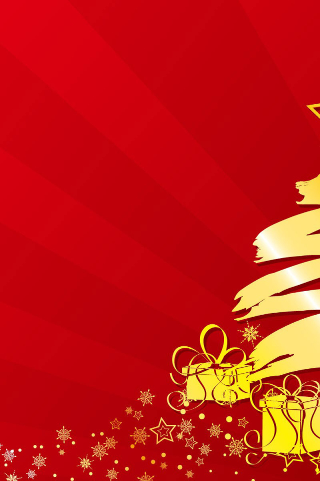 Золотистая ёлка на красном фоне на рождество