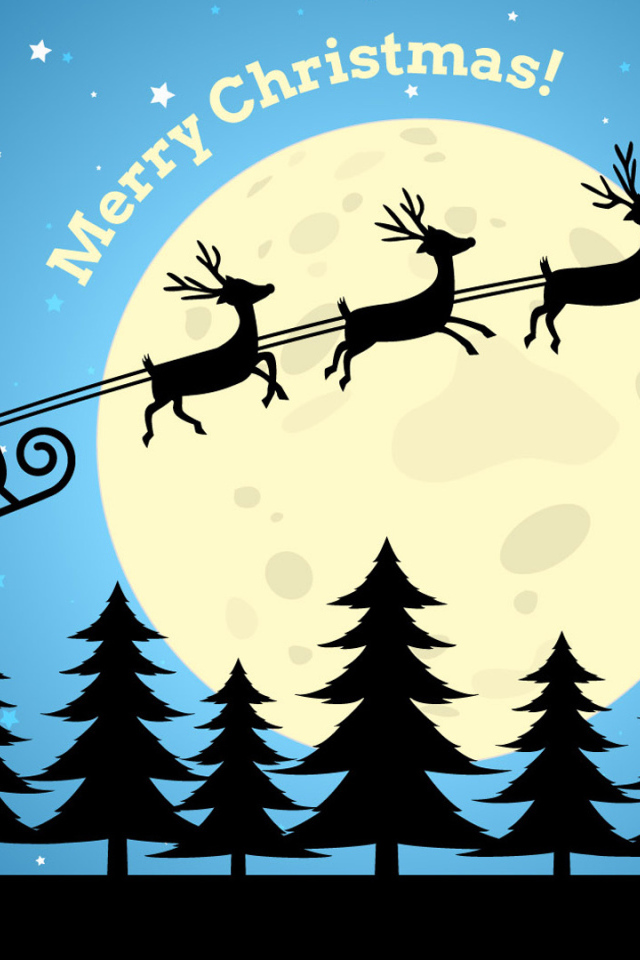 Упряжка с оленями и Дедом Морозом на фоне луны на рождество