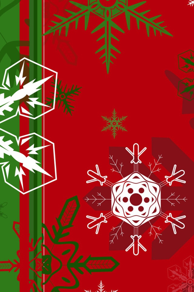 Снежинки разной формы на зелёно-красном фоне на рождество