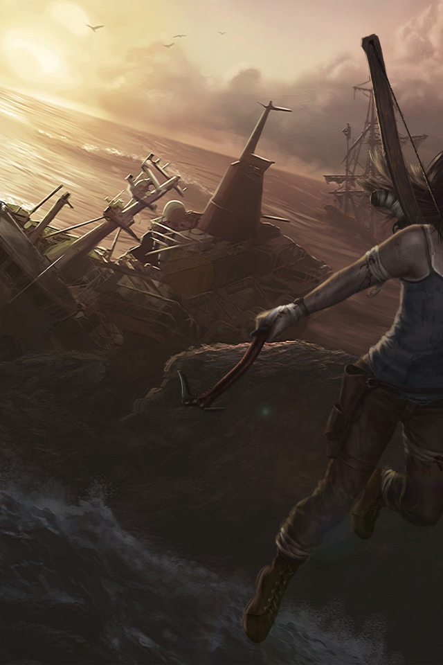 Девушка с луком висит на скале