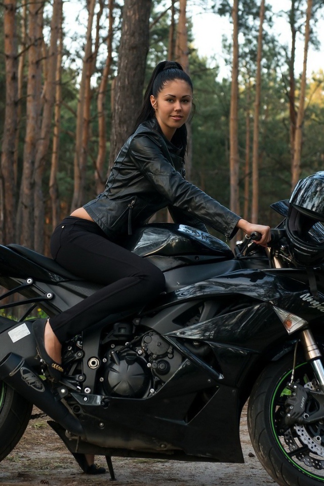 Women Kawasaki Ninja motorcycle forest