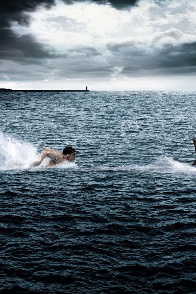 Человек плывет за акулой