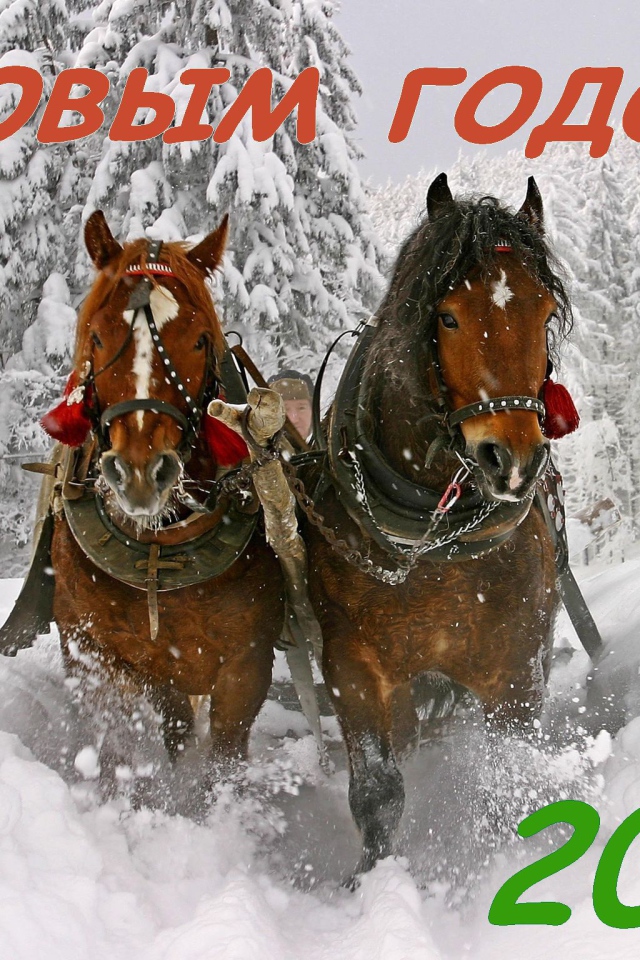 С новым годом 2014, лошадки бегут по снегу