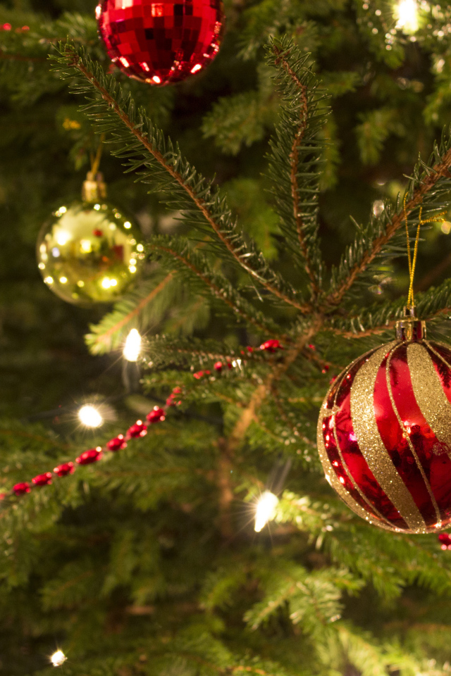 Красная игрушка на новогодней елкe