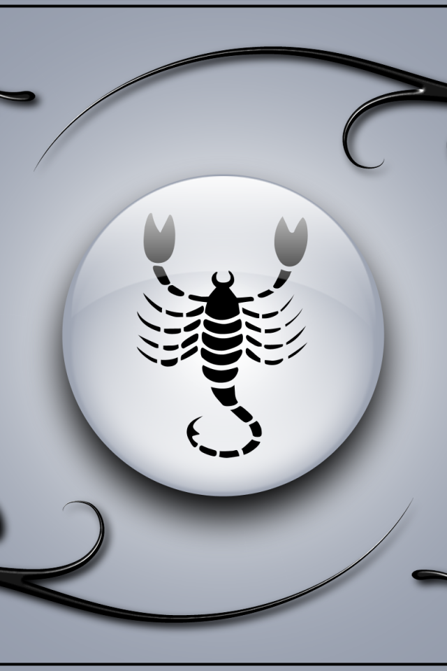 Знак скорпион на сером фоне с чёрным орнаментом 
