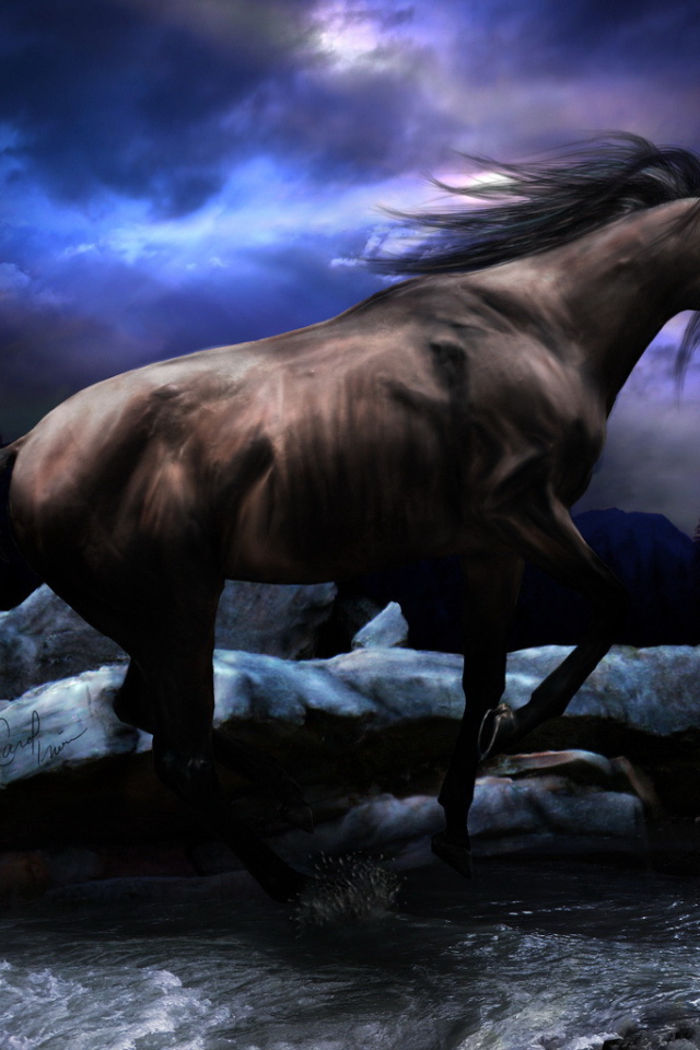 Черный конь скачет по реке