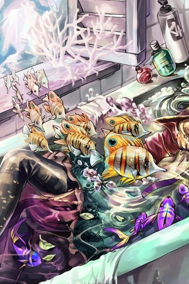 Девочка в ванне с рыбами