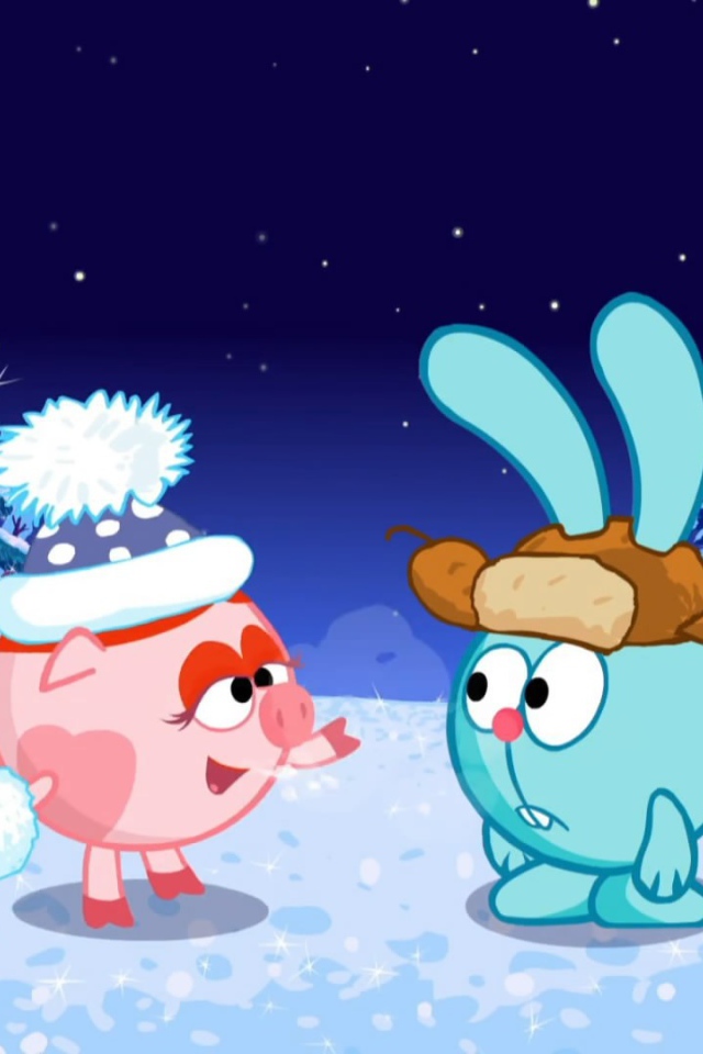 Крош и Нюша в зимнем лесу в мультфильме Смешарики